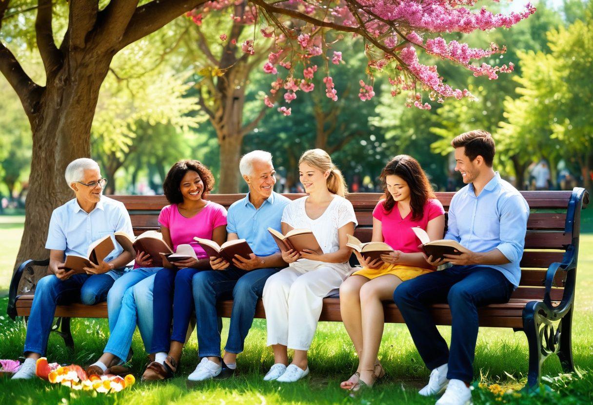 A serene scene depicting a diverse group of people engaging in joyful activities: a woman reading a book on a sunlit park bench, a man practicing meditation surrounded by blooming flowers, children playing and laughing in the background, and vibrant butterflies fluttering around. The overall atmosphere radiates happiness and intellectual curiosity, with bright colors symbolizing joy and knowledge. 3D. vibrant colors. soft focus.