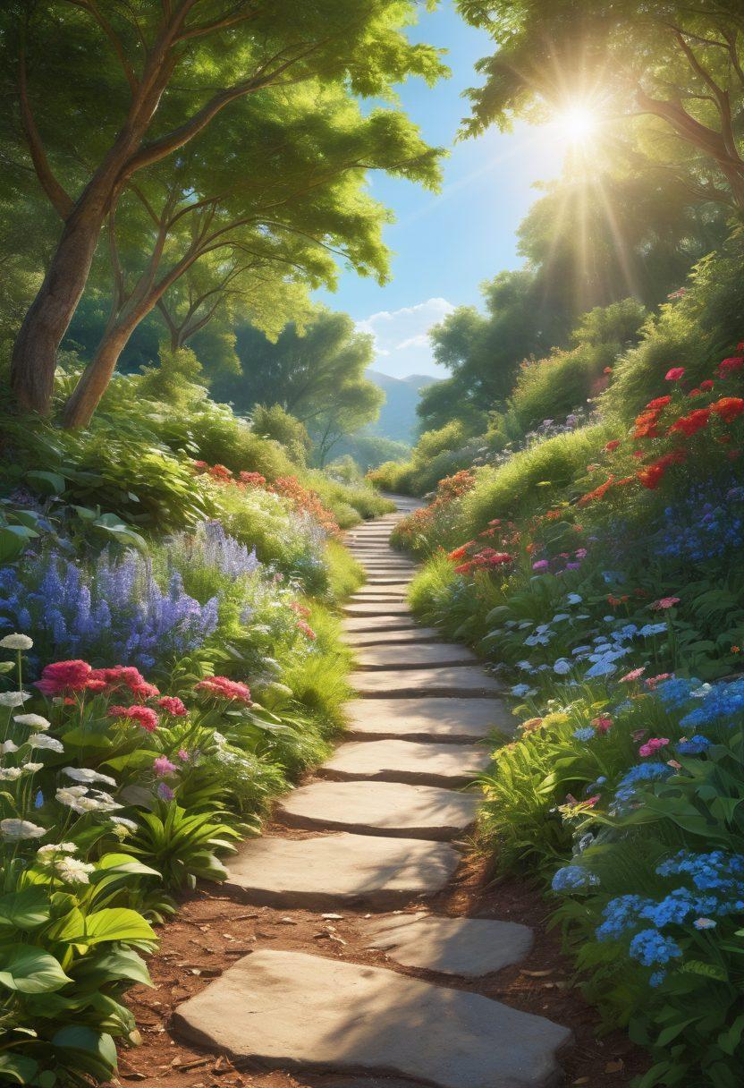 A serene landscape featuring a winding path surrounded by lush greenery and vibrant flowers, with a clear blue sky overhead. Soft rays of sunlight filter through the leaves, creating a warm and inviting atmosphere. Include a person meditating peacefully on the path, embodying tranquility and positive energy. Gentle streams of light symbolize mental wellness and serenity. super-realistic. vibrant colors.